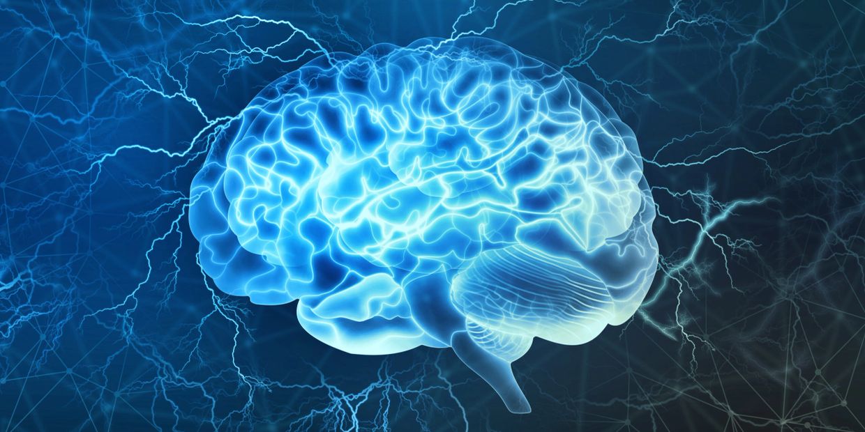 Glowing blue brain with electric neural activity visualized.