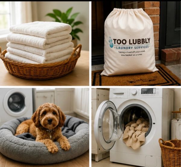 Laundry service collage with towels, dog, washing machine, and laundry bag.
