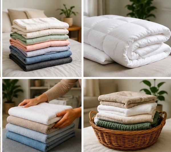Stacked and folded bedding and linens in cozy home settings.
