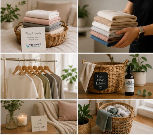 Neatly folded laundry and cozy home setup with laundry products.