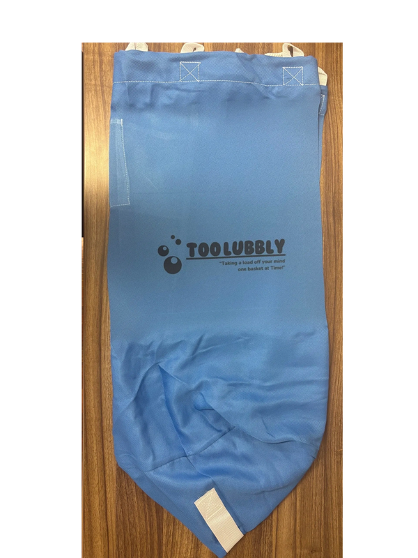Blue laundry bag with the brand "TOOLUBBLY" on a wooden table.