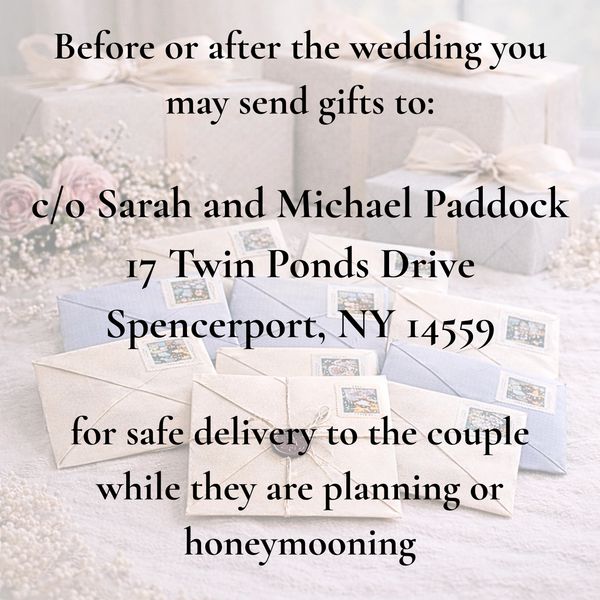 Wedding gift address details for Sarah and Michael Paddock with envelopes and gifts background.