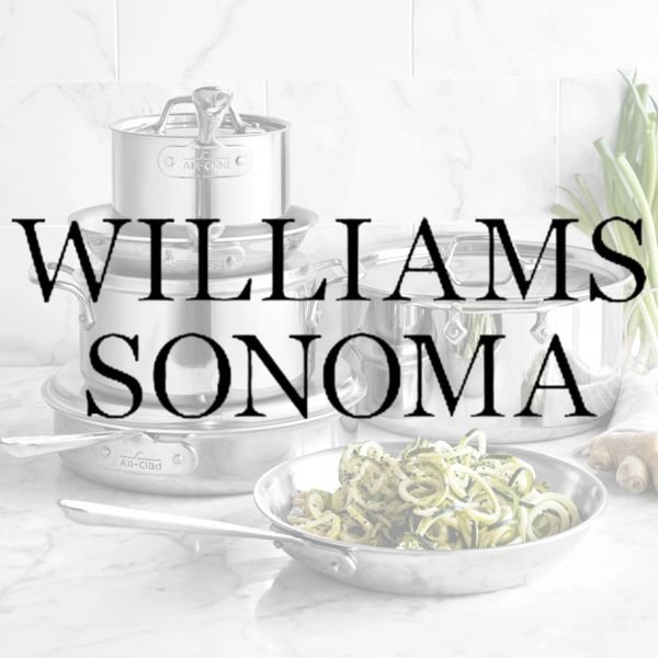 Williams Sonoma logo over stainless steel cookware and food.