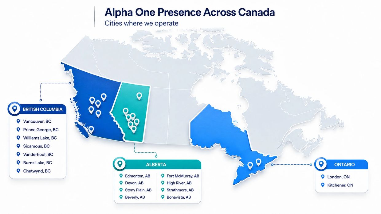 Map showing Alpha One's operational cities across British Columbia, Alberta, and Ontario in Canada.