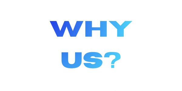 Blue gradient text on white background saying 'WHY US?'.