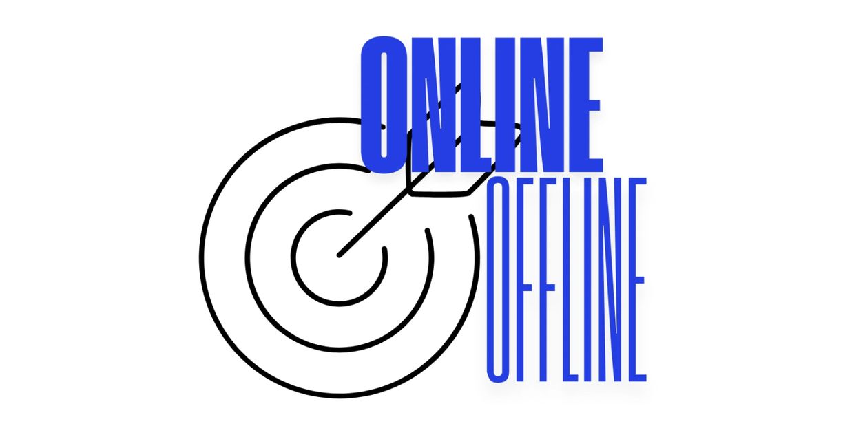 Blue text 'ONLINE OFFLINE' over a black target with an arrow hitting the center.