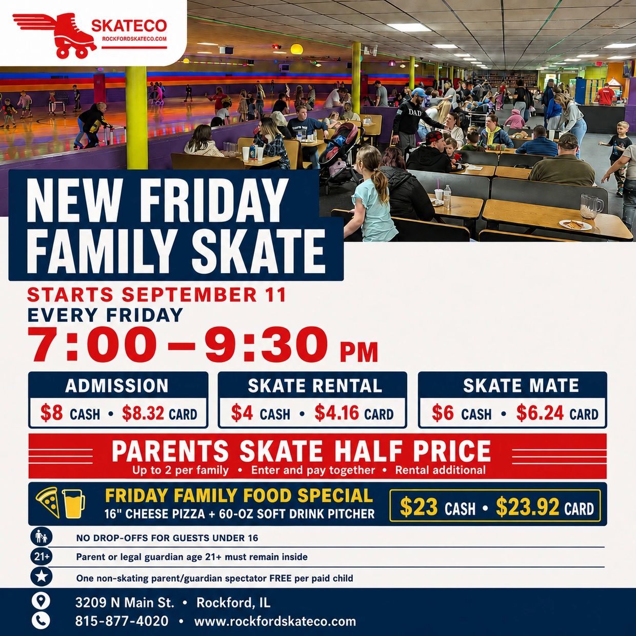 Family Friday skate night at SkateCo from 7-9:30 PM starting September 11.