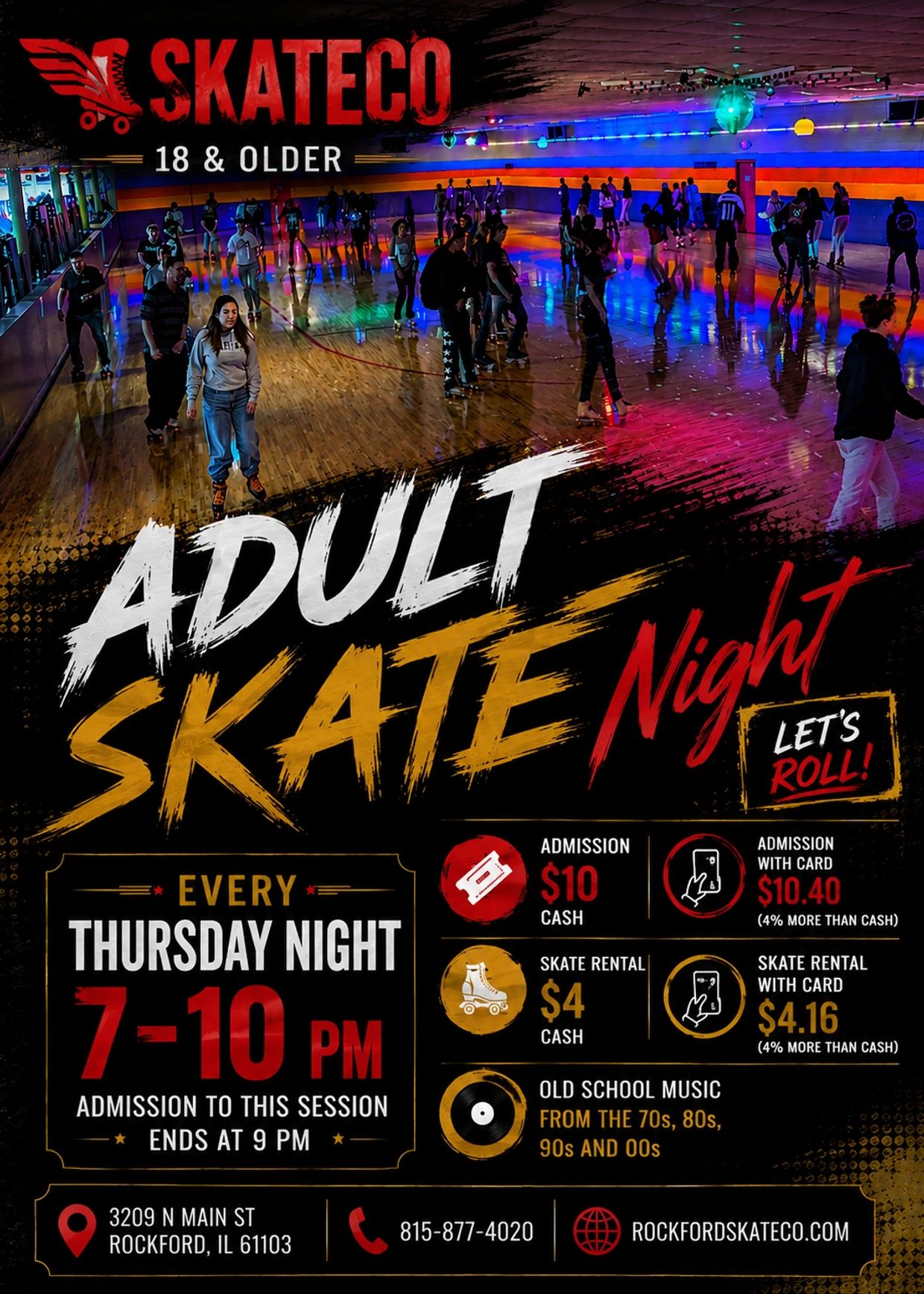Adult Skate Night at SkateCo every Thursday from 7-10 PM with old school music and skate rentals.