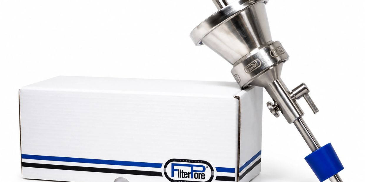 Filtro de laboratorio de acero inoxidable con caja blanca.