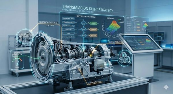High-tech transmission system with digital shift strategy overlay in a modern lab.