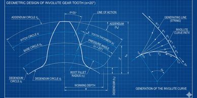 Blueprint of involute gear tooth geometry and curve generation.
