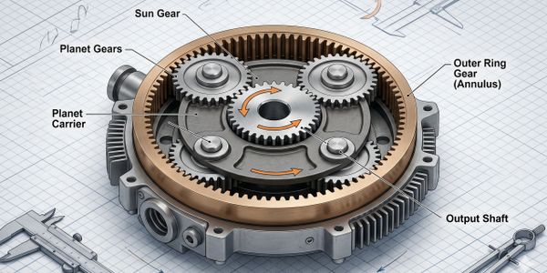 Detailed diagram of a planetary gear system with labeled components.
