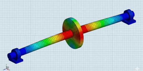 3D finite element analysis model showing stress distribution on a shaft.