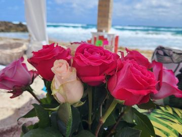 Luxury beach cabana setup with Yeti coolers and floats in West Palm Beach. Anniversary Beach Day