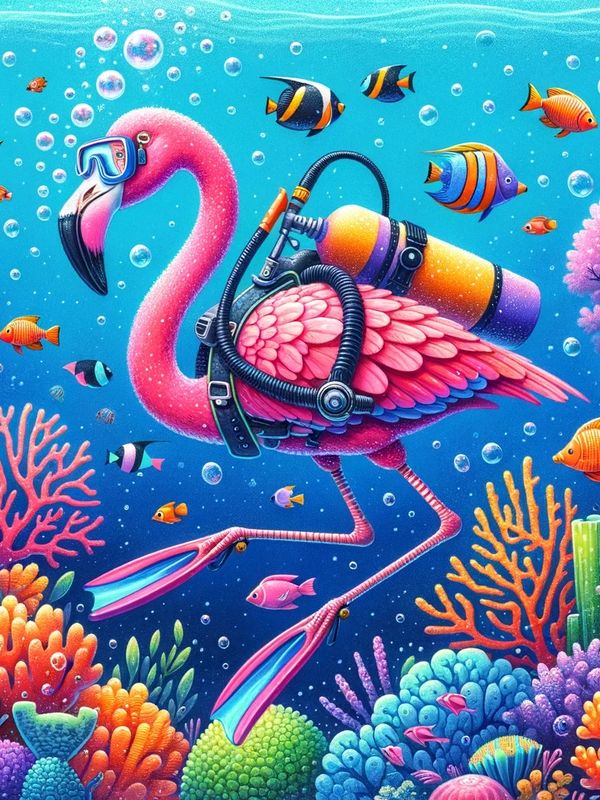 Scuba diving flamingo. Affiliate marketing team building at West Palm Beach Florida.