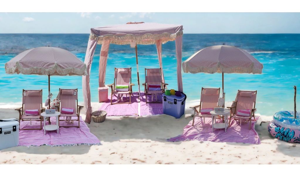 Beach cabana rental for beach birthday celebrations in Pompano Beach. Yeti cooler and JBL speaker. 