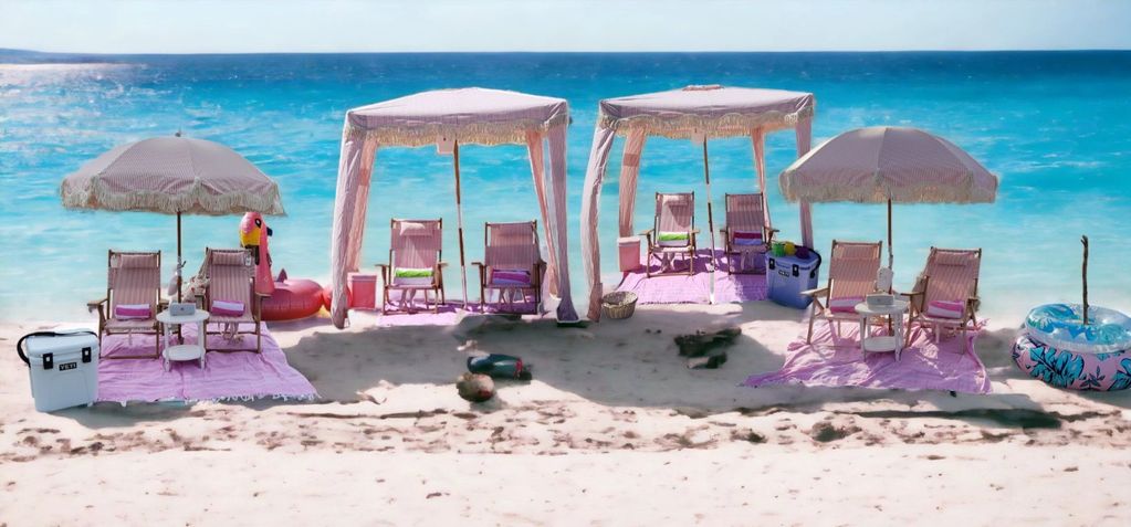 Beach chairs and umbrella rental for beach seaside fun in Delray Beach. Giant jenga and cornhole. 