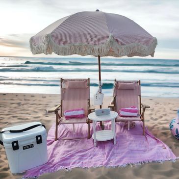 Perfect Beach Rental, umbrella, floats, yeti cooler, beach table, sunscreen