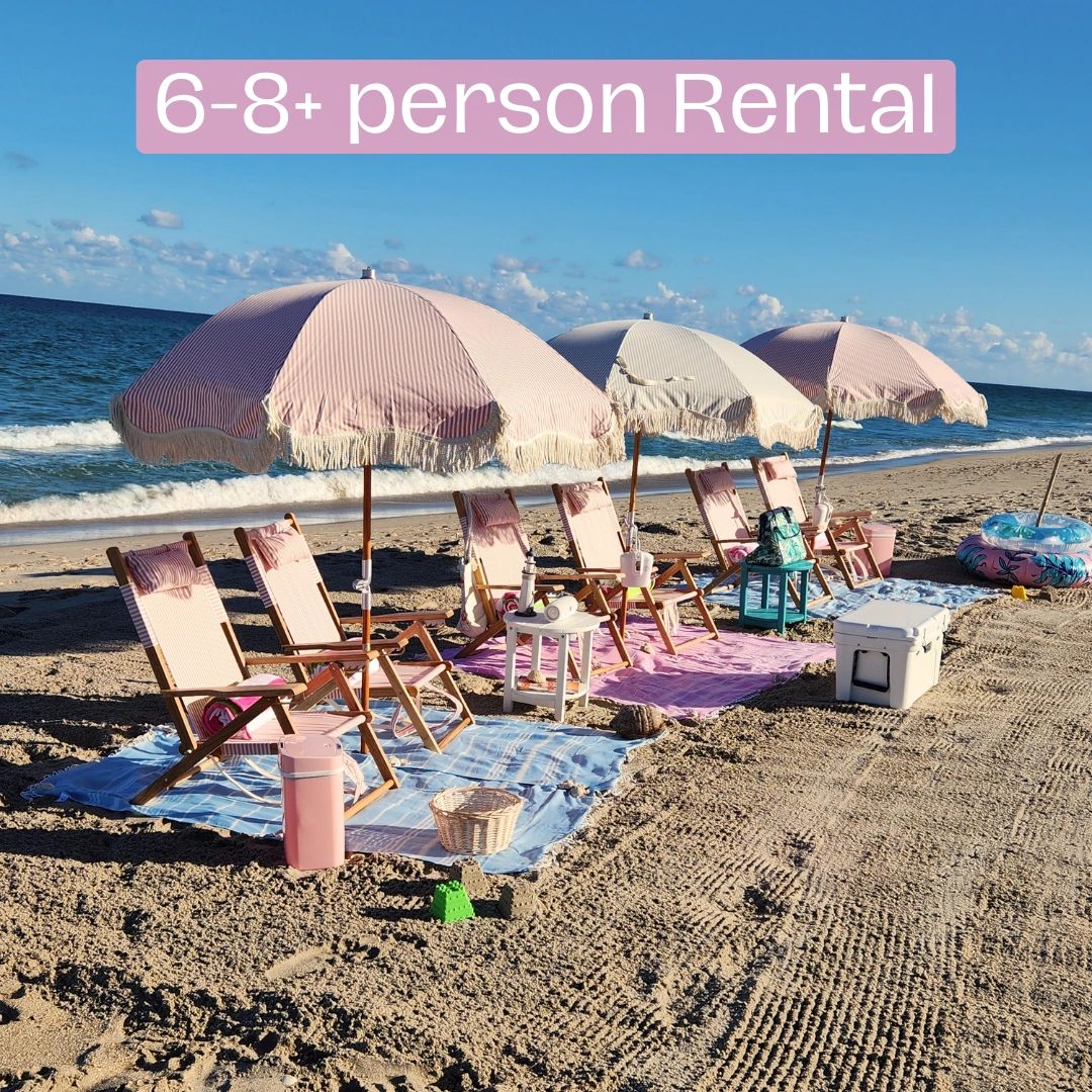 West Palm Beach beach rental with umbrella and chairs.
