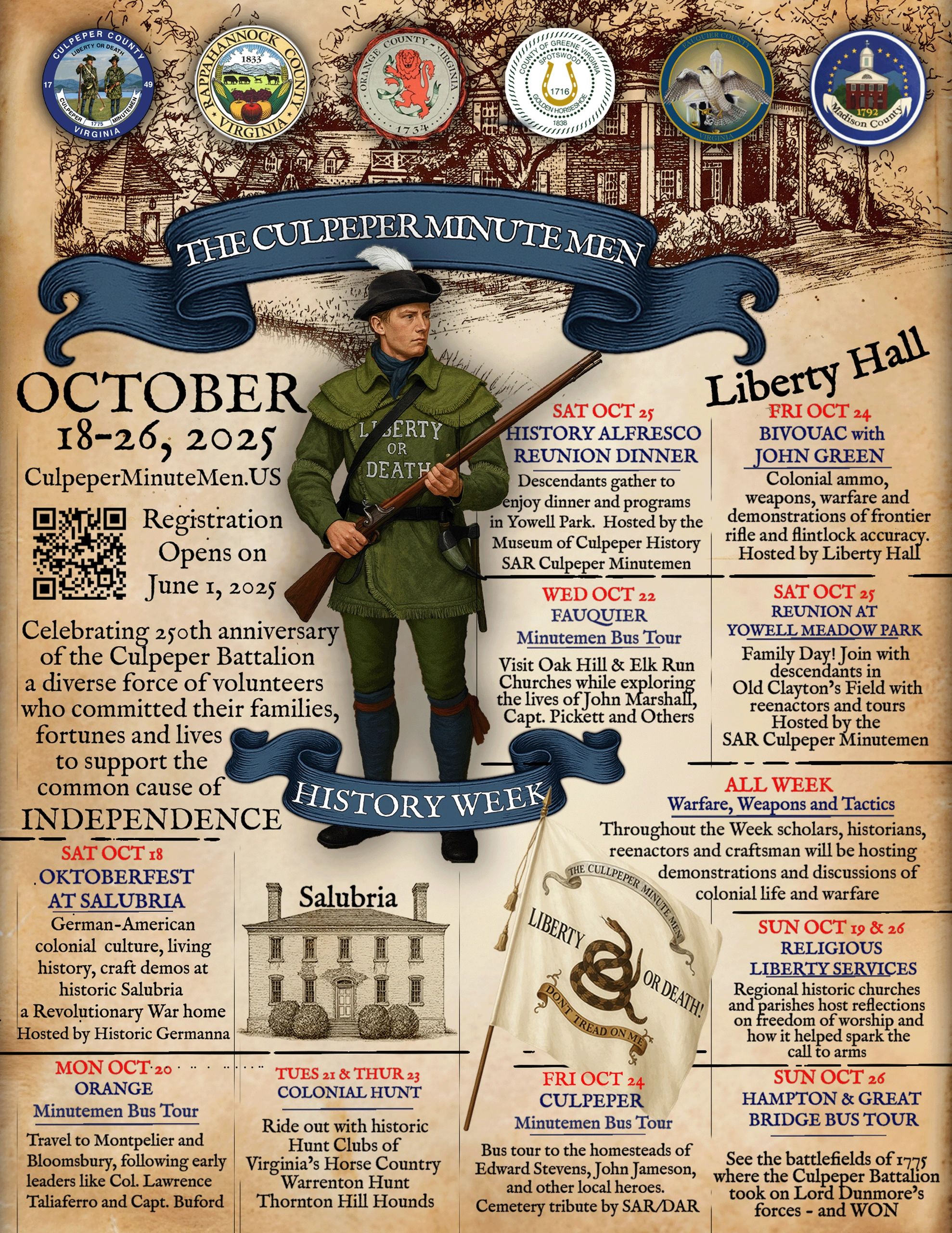 Poster for The Culpeper Minutemen History Week, October 18-26, 2025.