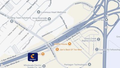 Section of a map with a pin to show the location of the hotel relative to nearby highways.