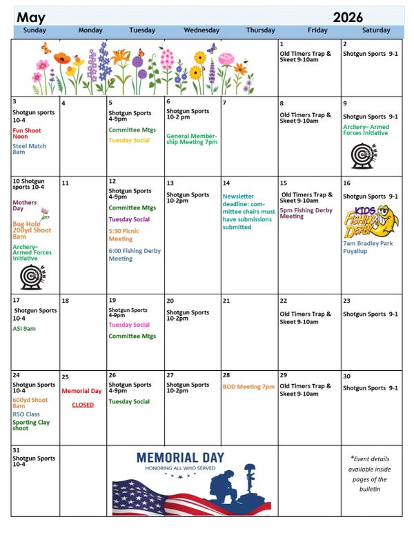 May 2026 calendar with sports, meetings, and special events.