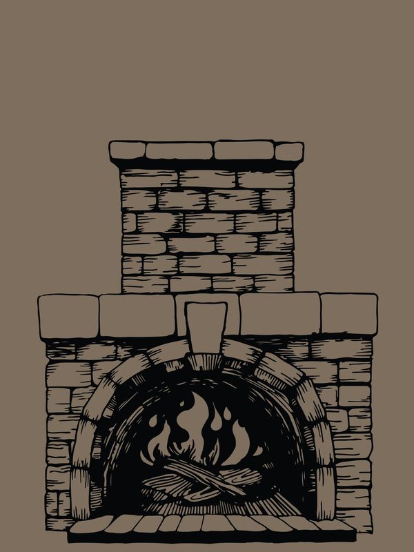Illustration of a stone fireplace with burning firewood inside.