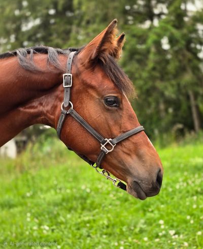 Close-up of a horse's head with a bridle.
