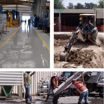 Industrial and construction workers operating heavy machinery and pouring concrete.