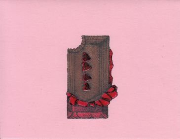 A bitten chocolate bar with red wrapper on a pink background.