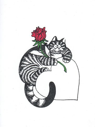 A striped cat holding a red rose, sitting on a heart shape.