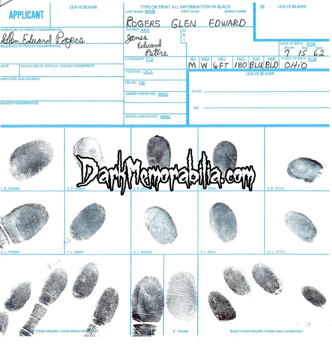 Glen Rogers signed fingerprint chart (!Original FBI chart!)