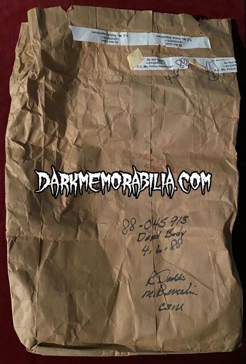 "Dead body" evidence bag used during the police search of Robert