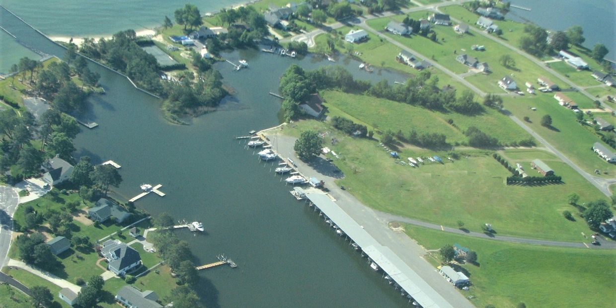 Aerial View Looking from the marina out to the Chesapeake Bay