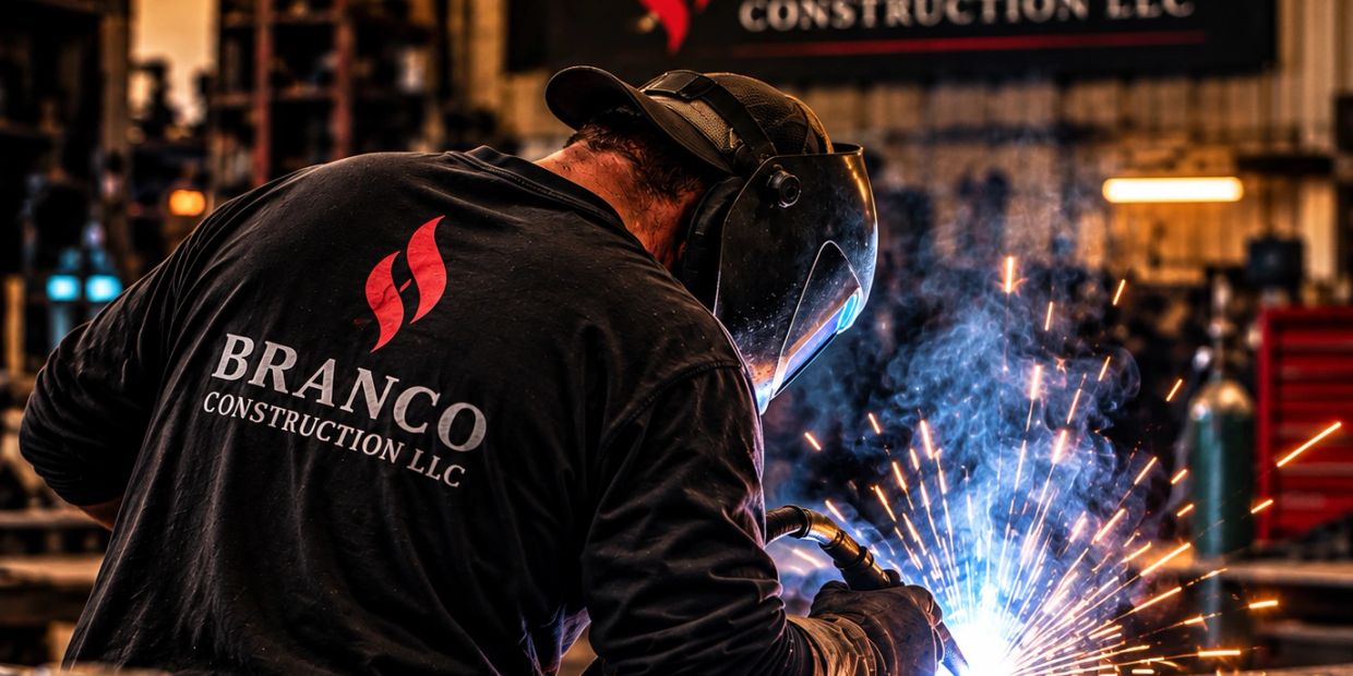 Welder working with intense sparks at Branco Construction.