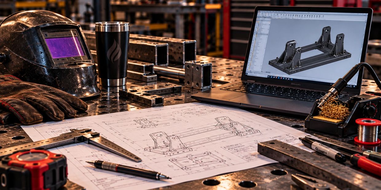 Engineering workspace with CAD design and metalworking tools.