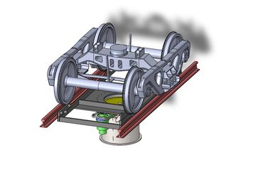 3D model of a railcar bogie on a section of track with a mechanism underneath.