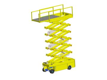 Yellow scissor lift with extended platform and safety railings.