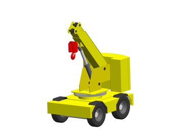 A 3D model of a compact yellow crane with a red hook on wheels.