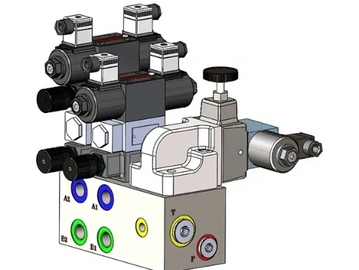 3D model of a hydraulic valve assembly with multiple ports and adjustment knobs.