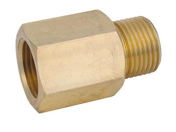 Brass pipe fitting with hexagonal body and threaded ends.