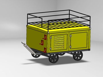 A yellow utility cart with black metal railings and four wheels.