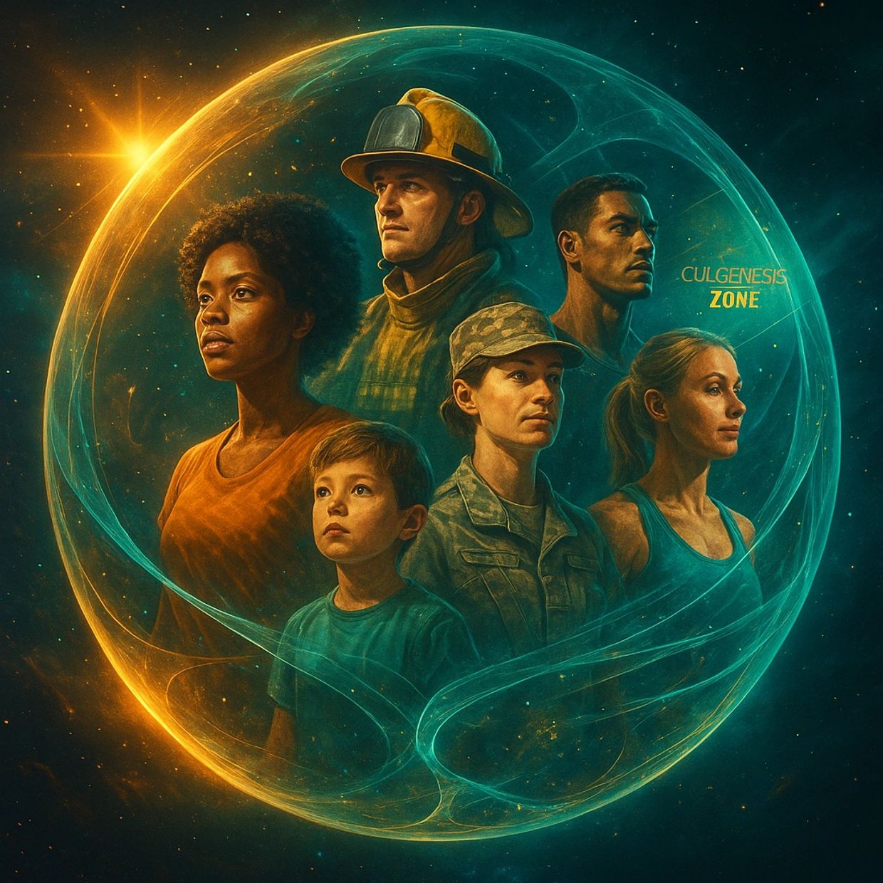 Diverse group of people united within a glowing protective sphere.