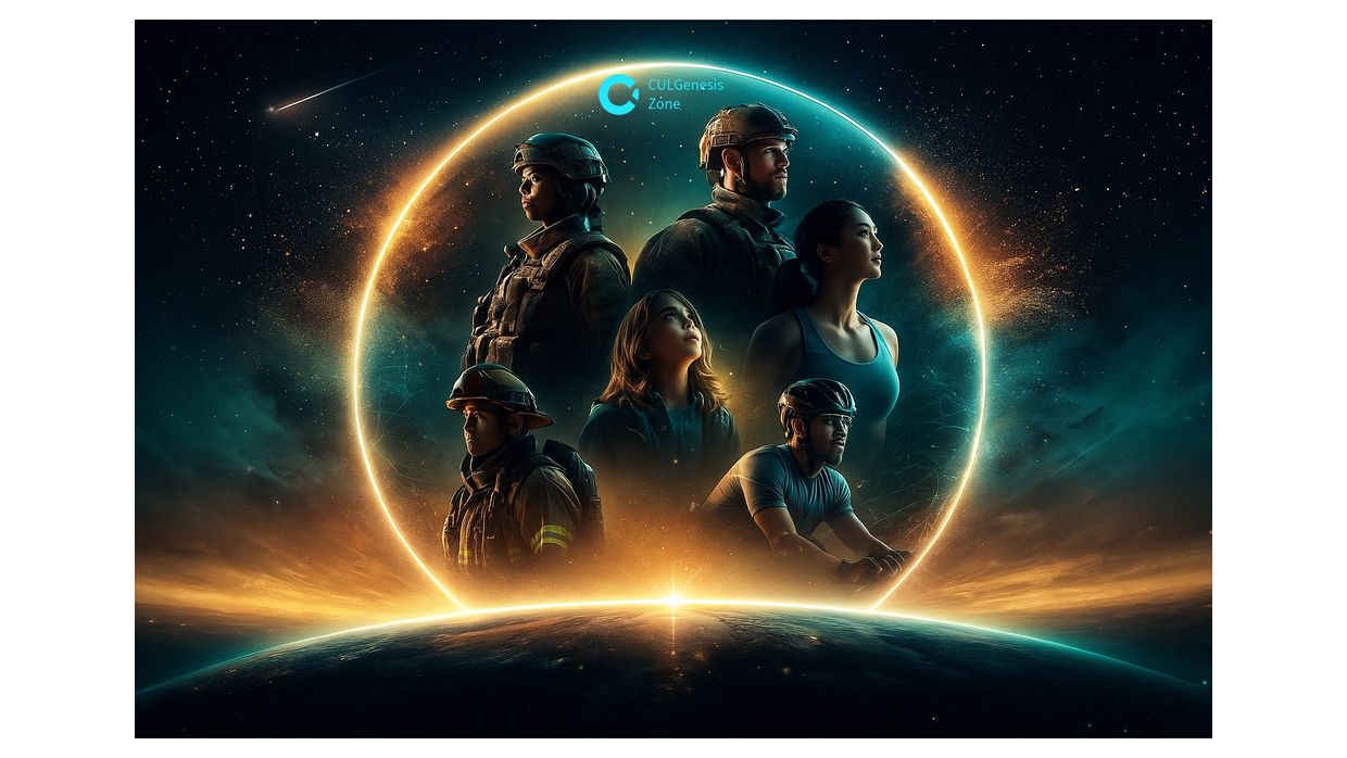 Diverse group of professionals united by a glowing cosmic circle above Earth.