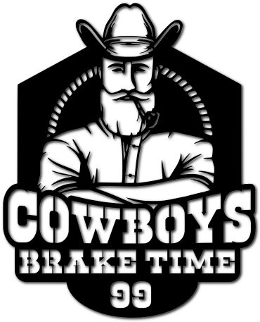 Monochrome cowboy logo with beard, hat, and pipe, labeled 'COWBOYS BRAKE TIME 99'.