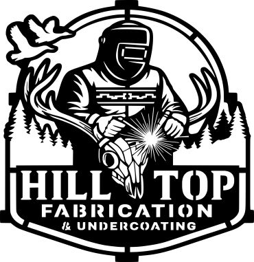 Black and white logo of a welder with antlers and birds for Hill Top Fabrication.