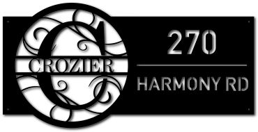 Black and white sign with ornate 'C' and address 270 Harmony Rd.