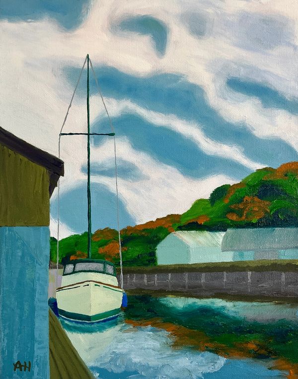 Original oil painting-Sailboat in Port Angeles Marina-blue-green-orange-Olympic Fine Art-Alisa Hasbr