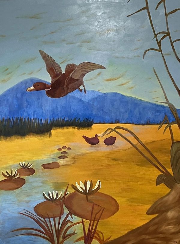 Original art painting-Ducks on golden Pond-front-duck-pond-lily pads-blue-gold-Olympic Fine Art-Alis