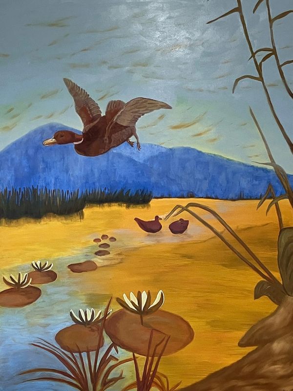 Original art painting-Ducks on golden Pond-duck-pond-lily pads-blue-gold-Olympic Fine Art-Alisa Hasb